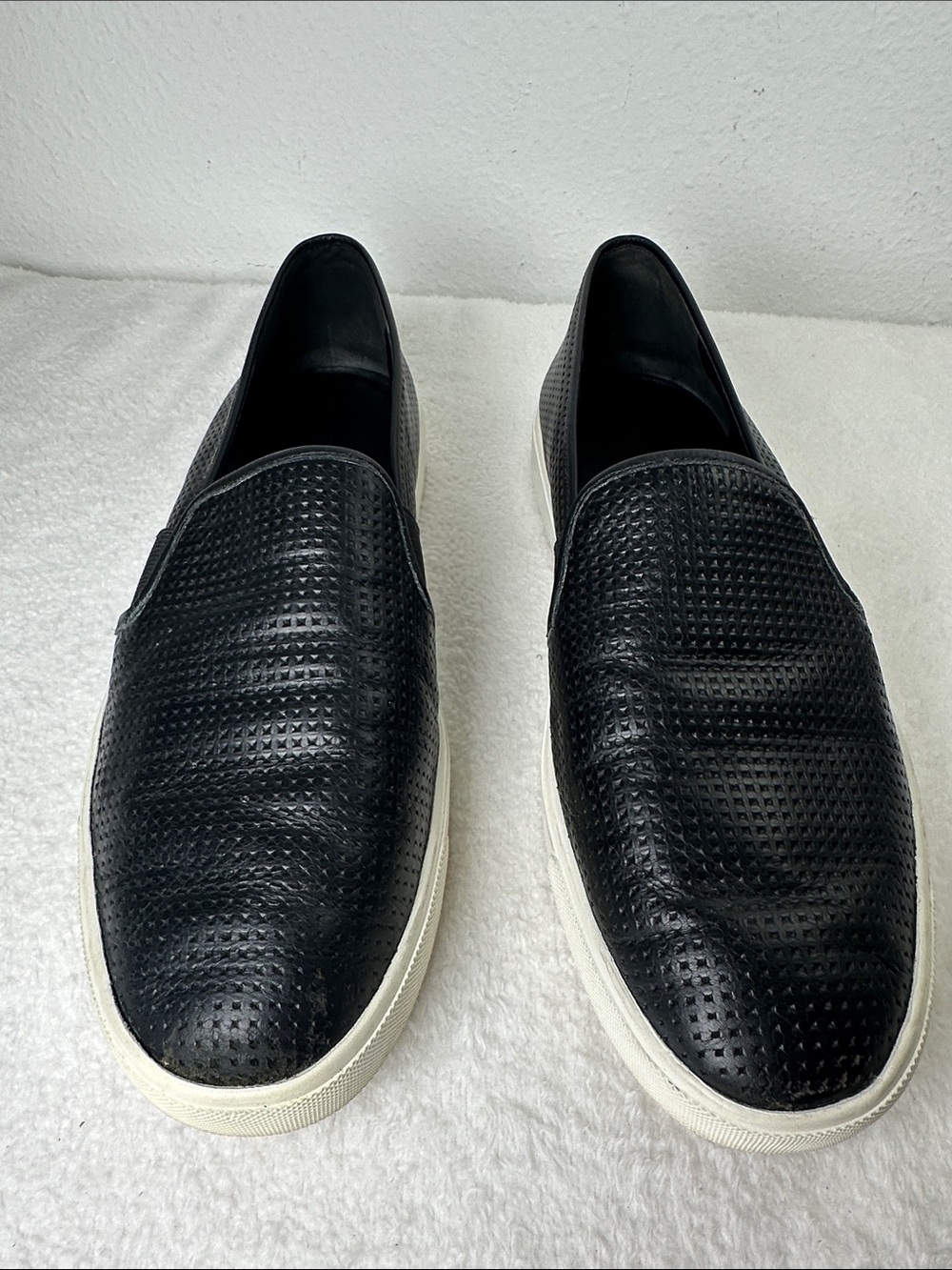 Vince Blair Black Perforated Leather Slip-On Sneakers with White Comfort Sole 8 - Picture 2 of 16